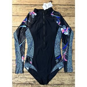 Nesy Women’s One Piece Long Sleeve Rash Guard Bodysuit Black And Blue Size Small